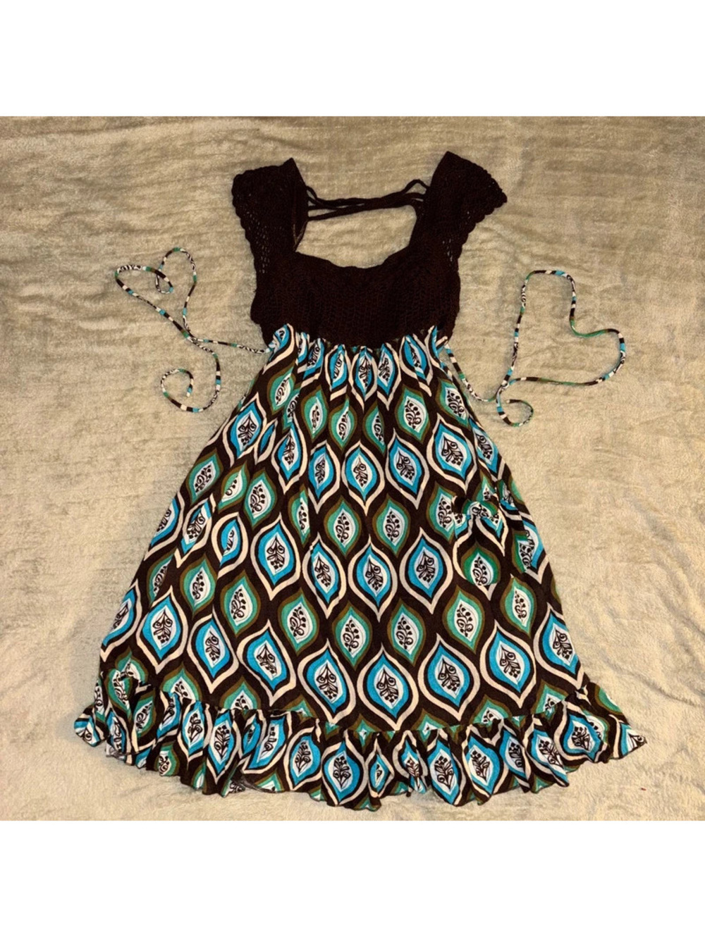 Blue brown and black crocheted Y2k baby doll tie waist dress
